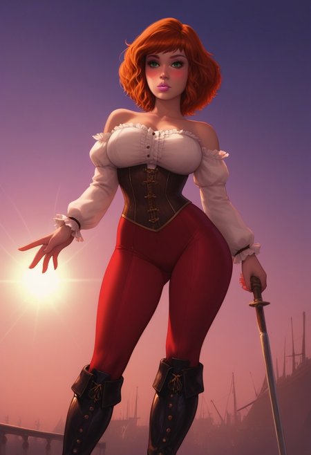 masterpiece,best quality, highly detailed, score_9, score_8_up, score_7_up, score_6_up, source_cartoon, BREAK,  apriloneil, orange hair, green eyes, large breasts, pink lips, big ass, wide hips, 
Detailed face,
Detailed hands,
hero shot, low angle, sharp focus, dynamic lighting. daytime on a pirate ship, sexy, a candid moment. Woman, solo, standing, posing, looking toward horizon, a sexy pirate, tight fitted corset, ruffle sleeve jerkin, leggings, high leather boots, medieval clothing, detailed skin, detailed face, radiant, jewelry, blushing, alluring expression, sun rays. Conveys emotion, artistic,