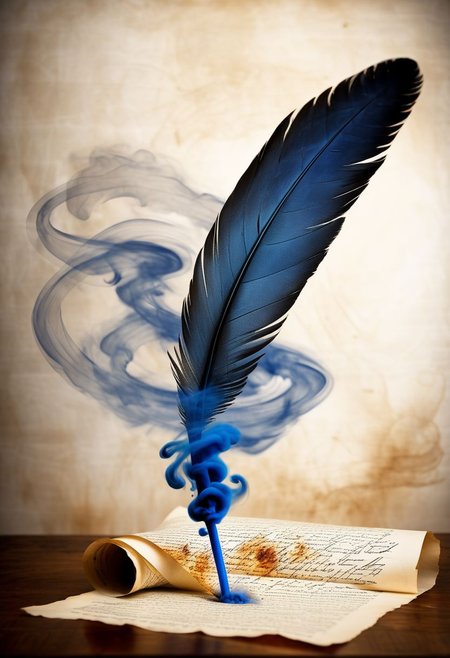 mysterious phoenix feather gliding through the air, feather dissolving into smoke, single drop of deep blue ink dropping from the tip of the feather into a half full ink pot while an old piece of aged paper scroll with beautiful writing and burning edges is hovering in the middle of it all, lightrays backlighting glorious feather, burning paper scroll dissoliving into smoke, lightrays backlighting smoke, fading blue red background, by Minjae Lee, Carne Griffiths, Emily Kell, Steve McCurry, Geoffroy Thoorens, Aaron Horkey, Jordan Grimmer, Greg Rutkowski, amazing depth, double exposure, surreal, geometric patterns, intricately detailed, bokeh,  perfect balanced, deep fine borders, artistic photorealism , smooth,  great masterwork by Suiras  <lora:add-detail-xl:2>  <lora:Double_Exposure:0.5>