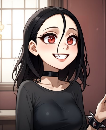 ((((18 year old girl , medium breasts)))) <lora:Eyes_High_Definition:0.8> EyesHD<lora:Expressive_H:0.8> Expressiveh
<lora:Lif_metal_family:1> lif, 1girl, black hair, black dress, spiked bracelet, smile, black choker, spikes, red eyes