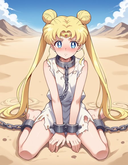 score_9, score_8_up, score_7_up, source_anime, <lora:usagi-tsukino-eternal-movie1-ponyxl-lora-nochekaiser:1>, usagi tsukino, blonde hair, blue eyes, double bun, hair bun, hair ornament, long hair, twintails, circlet, parted bangs,, <lora:rags-ponyxl-lora-nochekaiser:1>, rags, ankle cuffs, ball and chain restraint, bdsm, chain, chained, collar, cuffs, dress, metal collar, restrained, shackles, slave, sleeveless, torn clothes, torn dress,, sitting, wariza, desert, sand, w legs, blush, blue sky, sun,,