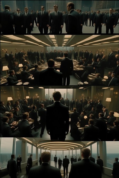 <lora:Director Christopher Nolan style:1>Director Christopher Nolan style - The mob was trading in a high-rise building. Security is tight and everyone wears black suits and has serious expressions. The entire scene is shot in a cinematic style, using realistic footage to create an amazing and immersive experience, with full-length shots, cinematic lighting, and realism.