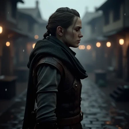 <lora:amicia-de-rune:1>amicia de rune, Amicia de Rune, the protagonist of 'A Plague Tale', in medieval attire, in a dark, rain-soaked medieval city, in a concept art style