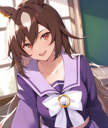 score_9, score_8_up, score_7_up BREAK
tracen_uniform, 1girl, solo, long hair, breasts, looking at viewer, blush, smile, open mouth, bangs, skirt, brown hair, shirt, red eyes, long sleeves, bow, animal ears, hair between eyes, very long hair, school uniform, collarbone, upper body, white hair, multicolored hair, pleated skirt, serafuku, bowtie, sailor collar, pov, horse ears, outstretched arms, white bow, horse girl, purple skirt, purple shirt, sailor shirt, tracen school uniform, white bowtie, horseshoe ornament, kabedon
<lora:Sirius Symboli-ponyXL:0.8>,