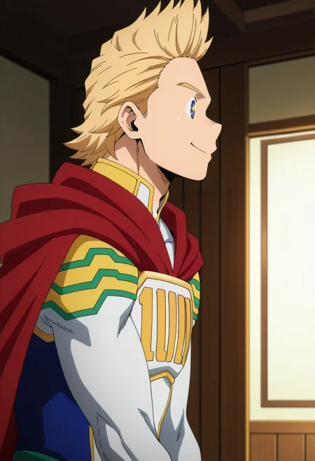 masterpiece, best quality, , anime screencap, anime coloring, official style, , 1boy, solo, male focus, <lora:mirio_toogata_ilxl:0.98>, mirio_toogata, blonde hair, blue eyes, short hair, spiked hair, bodysuit, superhero, red cape, from side, dining room, indoors, light, v arms, sparkling eyes, king costume