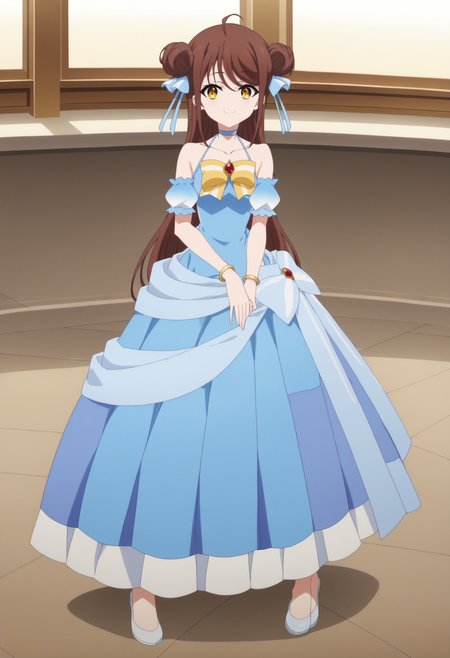 score_9, score_8_up, score_7_up, score_6_up, score_5_up, score_4_up , anime coloring ,BREAK source_anime, anime,screencap,  <lora:Pony Silver Meteor Style:1>
1girl, solo, falanyaa, bare shoulders, chest bow, blue hair ribbon, detached sleeves, gold bangle, blue dress, long dress, blue choker, <lora:PonyXL Falanya:1>
indoors,full body,
smile, looking at viewer,