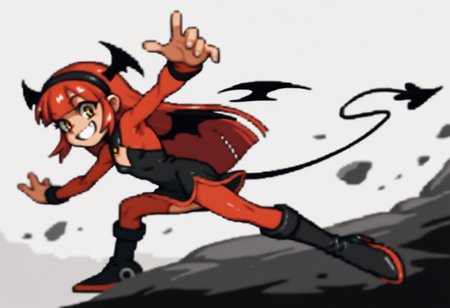 score_9, score_8_up, score_7_up BREAK RollMvC, 1girl, crimson hair, blunt bangs, black headband, yellow eyes, full body, devil girl, tall, skinny, smile, looking at viewer, devil outfit, demon dress, black red high-heeled boots, devil wings, devil tail, solo, solo focus, hell background,