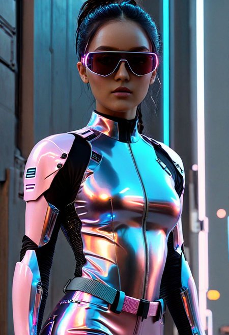 score_9, score_8_up, score_7_up, raw,32K, UHDR, (ultra-quality:1.6),1girl, in Cyberpunk style, revealing and exposing clothes, cinematic, wearing lit fiber optics, oxigen-support-gadgets, strong parallel lines and nodes, extremely detailed cute face,
Tech-infused, advanced materials bound technology and design. stimuli reactive to color-changing , psicho texture-shifting. ,integrate neon lights for visual flair.  sleek, angular shapes with sharp lines, including bodysuits and structured jackets. High-tech accessories are integral futuristic AR glasses, neural interfaces and cybernetic jewelry.  cargo pants, utility belts, and harnesses for gadgets. Bold colors dominate, with vibrant neons and electric obsidian:0.9 or pink:0.6 contrasting against deep agate:0.9 or pure-snow-white:0.9. Dystopian influences inspire distressed fabrics, industrial hardware, and asymmetrical designs, reflecting the chaotic cyberpunk ethos. glowing boots