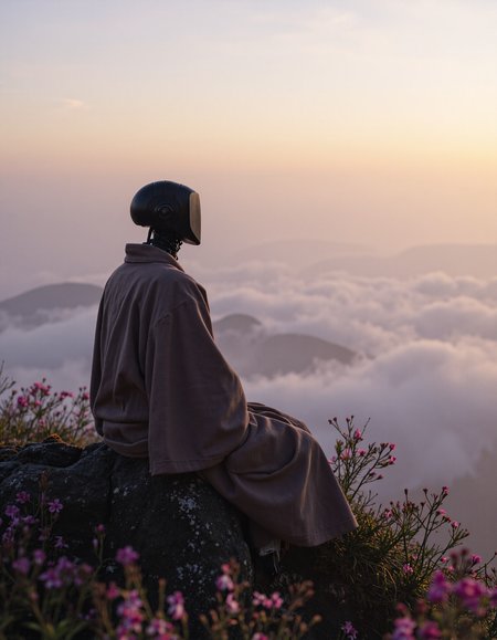 cinematic photo of a sci-fi robot wearing a monk robe with a rectangular head sitting on a mossy rock on a high mountain above clouds, early morning, sunrise, sakura, flowers, soft light, dreamy glow, atmospheric, tranquil, editorial photo,