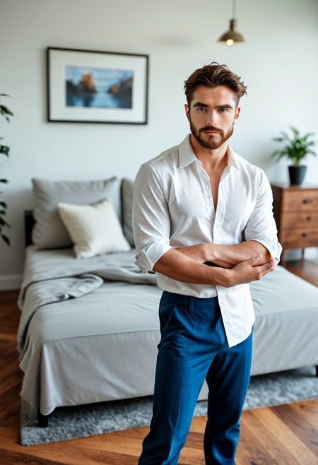 (man:1.25), male, joe, masculine, handsome, muscular, fit, 45 years old, strong jawline, short brown beard, short brown hair, well groomed, blue eyes, skin details, detailed eyes,
BREAK
close-up, standing, grey couch, living room, grey rug, wood floor,
BREAK
wearing white dress shirt, blue pants,
BREAK
grinning, dominant, facial expression style,
BREAK
score_9, score_8_up, score_7_up, dynamic, highly detailed, high quality, smooth, sharp focus, intricate details, photo, realistic, photorealism, realism, high budget, high res, hires, high resolution, studio lighting, epic, dramatic, gorgeous,