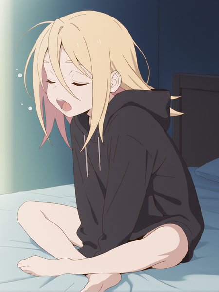 (masterpiece:1.4), (best quality:1.4),  rating_safe,very aesthetic, newest,best quality, amazing quality, very aesthetic, absurdres,
 1girl,solo,jobko, ,  blonde hair,  long hair, hair between eyes,medium hair, eyebrows,  
<lora:jobko:1>
black hoodie,barefoot,oversized
sitting,on bed,indoor,
closed eyes,sleepy,yawning