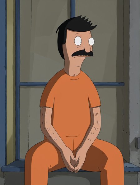 comic,(masterpiece,best quality, high quality:1.2),
bob belcher,(prison cell:1.2),(prison clothes,orange jumpsuit:1.2),sitting,concrete wall,sad expression,dark,looking down,
<lora:bob_belcher_sdxl_v1:0.8>