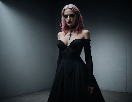 (score_9,score_8_up,score_7_up:1), 1girl, full body, view from side, horror, (shadow contrast, cinematic lighting), amused, (goth, (black lipstick, black mascara, black eyeshadow)), (flat tummy, close shoulders), white hair pink highlights, dreadlocks, choker, eyeshadow)) (alabaster oiled skin), Large Breasts, perky, (dancing alone), wet BBQ backyard, (<lora:zavy-cntrst-sdxl:1> chiaroscuro, low-key, horror), (<lora:goth_clothes:1>, lollita dress, black dress, lollita fashion accessories, red details), <lora:Always_In_Flux_Style:1>, <lora:add-detail-xl:1>