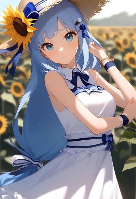 1girl,
shiraishi tsumugi,


holding, hat flower, sleeveless, hairclip, long hair, bow, blue bow, braid, bare shoulders, flower, frills, wristband, jewelry, sleeveless dress, very long hair, sunflower, collared dress, blurry, sun hat, straw hat, holding flower, ribbon, breasts, blurry foreground, blue eyes, bracelet, low-tied long hair, solo, blue ribbon, depth of field, looking at viewer, hand up, light blue hair, low-braided long hair, hat bow, blush, white dress, hair ribbon, hair ornament, frilled dress, hat, medium breasts, dress, blue hair, white ribbon, sundress,

sfw
<lora:a31_char_new_shiraishi_tsumugi-000020:1> <lora:a31_style_koni-000010:0.8>