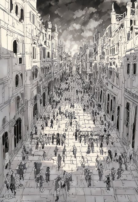 (anime), high noon, mideval age, bustling plaza, greek, white toga, roman legionary, fantastic, iridescent, masterpiece, score_9