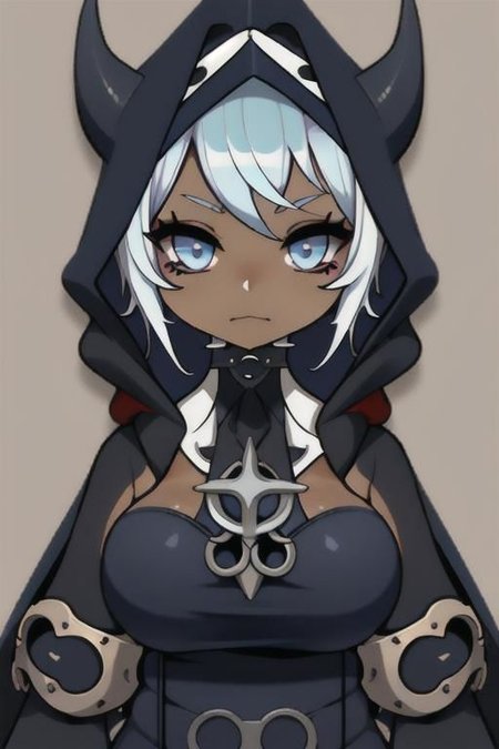 Devil, horns, body mods, chibi, huge breasts, thick thighs, muscular, ((dark tan skin)), white hair, ((navy hair streaks)), short spiky scene hair, slanted blue eyes,blue tribal cloud tattoos, non human, monster girl, bad ass, ((nun)), huge fluffy white scarf, (( hooded jumpsuit)), ((steampunk)), ((y2k aesthetic)), black, white, navy, light blue, 3d render, chibi, ((Kaeya Alberich inspired outfit)), poofy hair, eyeliner, emo, emo makeup, goth, wrench_genshin_style, chara-sheet