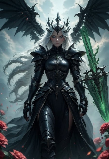 ral-18thlxry,Amidst the opulent court of a queen, one knight stands out. Clad in blackened silver plate armor, polished to a mirror sheen, she is known as the Iron Rose, the queen's most trusted protector. Her helmet, adorned with a single, exquisite rose crafted from iron, never leaves her side, a symbol of her unwavering loyalty and the iron will that lies beneath her stoic exterior.,black face shield, holding a shield formd as a rose, holding a black pattern sword