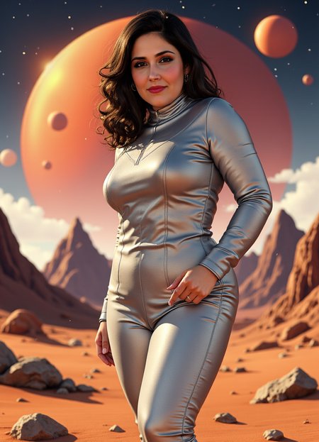 SFW, brightly lit, The image is a digital illustration of a woman standing in a desert-like landscape. She is wearing a shiny silver suit with a high neckline and long sleeves. Her e hair is styled in loose curls and she is wearing red lipstick. The woman is looking off to the side with a serious expression on her face. In the background, there are mountains and a bright orange planet. The sky is filled with stars and planets. The overall mood of the image is futuristic and sci-fi., aidmaimageupgrader<lora:flux\custom\celebrity\rikki-lake.safetensors:1.05:1.05> <lora:flux\turbo-8-step-flux.safetensors:0.5:0.5> <lora:flux\style\Common\aidmaImageUprader-FLUX-v0.3.safetensors:0.25:0.25>