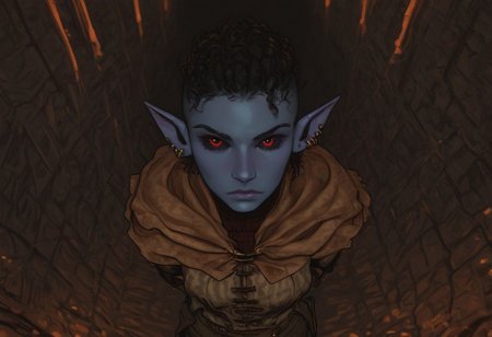 safe_pos, solo, short pointy ears, piercings, nord woman, random elf face, aquiline features, dark elf, weathered skin, large nose, animated realism, zoomed out, Syrian features, torso, subterranean, glowing mushrooms, mushroom forest, cave enviroment, Blackreach, large cavern, gloomy lighting, ancient ruins, interior, dark soil floor ,grey-blue skin, scarlet and gold clothes, medium armor, bone plate armor, ivory straps and fittings, grey wood neckguard, dark red sclera, black pupils, distant mushroom forest, blue-green light, neon, highly detailed, defined features, looking at viewer, three quarters view, from above, dynamic lighting, 36 years old, light and shadows, patterned cloth, annoyed expression, expressive eyes, detailed medieval clothes, medium_breasts, medium hair, wavy hair, thick hair, beaded hair, braided hair, under cut hair, semirealistic, alien elf, spanish features, jewish features, black hair, dark red hair, umber skin, sharp features, red persian print cloak, nighttime, high detail, absurdres, pretty eyes, detailed eyes, red eyes,