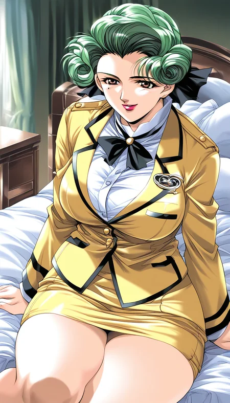 score_9, score_8_up, score_7_up, source_anime, rating_explicit, BREAK <lora:Nagashima_Sachiko_XL:1>Nagashima_Sachiko, green hair, large breasts, brown eyes, short hair, lipstick, curly hair,
Yellow skirt, Yellow long sleeve, uniform, bed, smile, sitting,