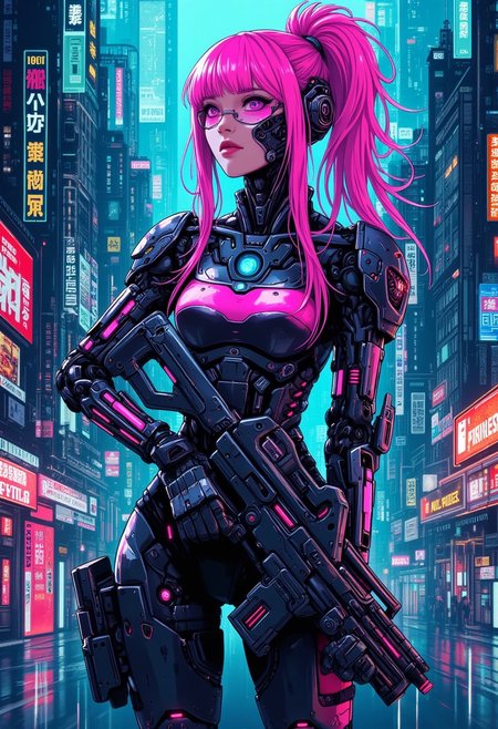 mad-cbrpnksplshrt full of details but with faded outlines, neon ultraviolet hair cyborg girl soldier in combat armor with one robotic arm and one robotic leg holding a pulse rifle, and in the background new york city disintegrating into the matrix behind, best quality, sharp image,