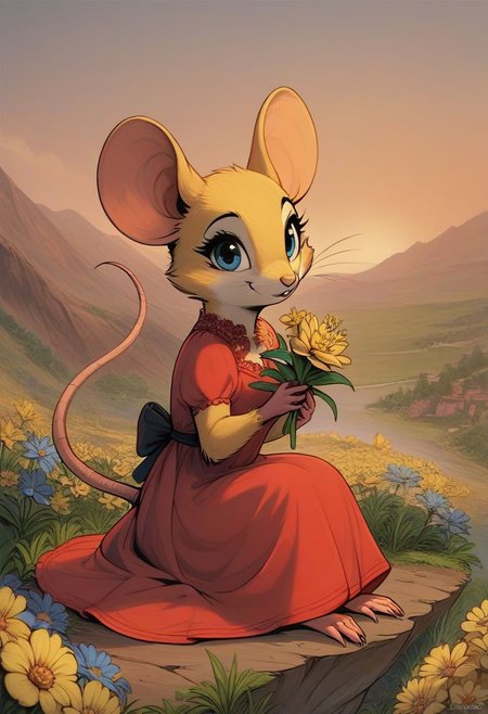score_9, score_8_up, score_8, (solo), (solo:2), (fluffy:0.8), (feral), outdoors, furry, (((mouse))), female, blue eyes, yellow fur, yellow ears, claws, (fluffy cheeks:0.4), (red dress), cute, in the style of beatrix potter, cel-shading, fca style, hillside, (side view), flowers, sitting, sunset, hold flower, look at viewer