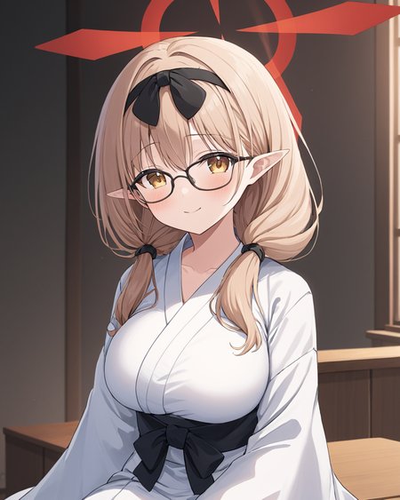 chinatsu \(blue archive\),1girl, solo, glasses, looking_at_viewer, smile, blush, halo, closed_mouth, breasts, wide_sleeves, sitting, long_sleeves, white_kimono, hair_bow, black_bow, black_hairband, yukata, indoors, hair_over_shoulder, black-framed_eyewear, sash
<lora:chinatsu_(blue_archive)_image499_2023-11-26-000010:1>halo. gorgeous,key visual, vibrant, studio anime,award-winning, professional, highly detailed,high budget, cinemascope