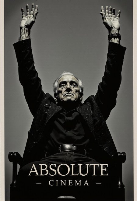 This is a black-and-white photograph featuring the legendary filmmaker Martin Scorsese, an elderly man seated in a chair with his hands raised high above his head. Scorsese has short, neatly combed white hair and a distinguished, stern expression. He is dressed in a dark, patterned blazer over a dark shirt, with a visible watch on his left wrist. The background is a gradient from light to dark gray, which adds depth and focus to the subject. Scorsese is seated in a slightly reclined position, with his legs partially visible, wearing dark pants.
The text "ABSOLUTE CINEMA" is prominently displayed at the bottom of the image, with the word "ABSOLUTE" in bold, uppercase letters and "CINEMA" in smaller, lowercase letters. The overall style of the image is classic and formal, with a focus on Scorsese's expression and the dramatic gesture of his raised hands. The contrast between the dark blazer and the light background creates a striking visual effect, emphasizing the filmmaker’s presence and the seriousness of his posture. The photograph is likely taken in a studio setting, with controlled lighting to highlight the details of Scorsese's face and clothing.