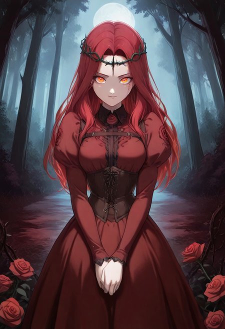 masterpiece, best quality, very aesthetic, absurdres, 1girl, solo, looking at viewer, downturned face, slight smile, red hair, long hair, glowing red-orange eyes, rust red dress, high collared burgundy shirt, long sleeves, rose patterns on puffy shoulder sleeves, collared dress, embroidered black lace collar with one large real red rose in the center, (black dead thorny circlet crown) of thorns on her head, corset with leather straps, thorny rose vines, detailed background, low-key, red haze, red roses, dark fantasy forest, blood moon behind the trees. 
