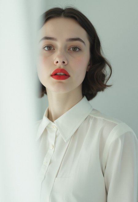 A captivating minimalist portrait of a shy and alluring woman. The left half of her face is visible, with her delicate features seamlessly merging into a blank canvas of white. Her soft, bright red lips contrast against the monochromatic background, drawing the viewer's attention. Her eyes hold a subtle, mysterious expression that exudes both haunting and enchanting vibes. The simplicity of the composition, with its stark contrast, evokes a sense of ethereal beauty. cinematic_1940s cinematic_octane