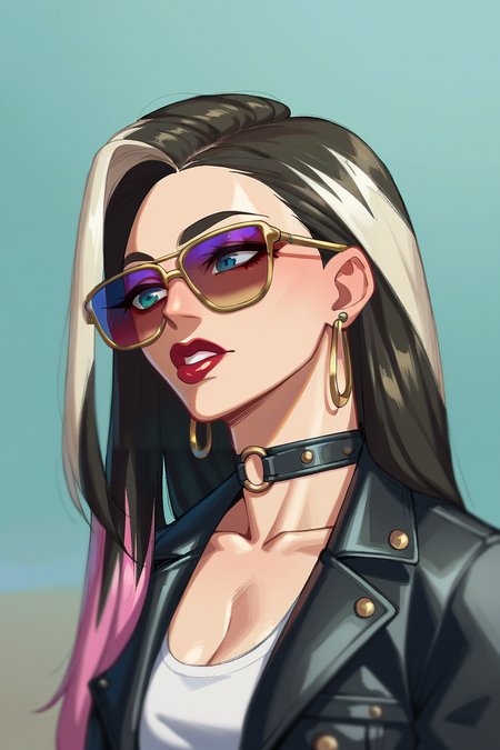 absurdres,high quality,score_9, score_8_up, score_7_up, score_6_up, score_5_up, score_4_up, BREAK source_anime,bottomless,1girl,rating_explicit
edgAUG, long hair, jewelry,  multicolored hair, earrings, makeup,  lipstick, big eyes,choker,sunglasses,leather jacket
 <lora:edgAUGPony:0.75>
