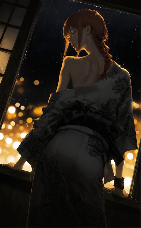 sideways, realistic detailed cinematic magazine cover illustration, (by mizumi zumi:1.3), (by narue:1.2), (by tatsumi \(psmhbpiuczn\):1.2),   dutch angle, blurry background, 
screentones \(texture\),  linear hatching,  hatching \(texture\), (brushstrokes \(texture\):1.25), 
lips, nose, 
 1girl,makima \(chainsaw man\),  (from behind:1.2), (sideways glance:1.2),  profile, kimono, single off shoulder,  (back:1.2), closed eyes, expressionless, head tilt, wooden footwear, dark background, night, neon lights from window, night theme, glowing theme, yakuza, samurai,  perspective,  (indoors scenery:1.1), (depth of field:1.2), (blurry background:1.3), wide shot, rain outside, water drops, hair over shoulder, (bokeh:1.4), (contrapposto:1.3), arm support, arm scarf, 
highres,
<lora:nhl-003-wai-15-old:0.35> nhl-003
<lora:nhl-002-nai:0.8> nhl-002,
<lora:nhl-001-20:0.6> nhl-001,