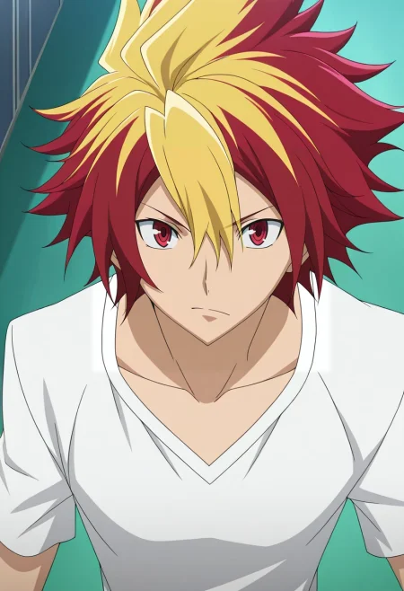 masterpiece, best quality, , anime screencap, anime coloring, , looking at viewer, 1boy, solo, male focus, <lora:takuto_tsunashi_ilxl:0.9>, takuto_tsunashi, red hair, red eyes, spiked hair, bangs, multicolored hair, two-tone hair, dyed bangs, blonde hair,
