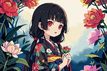 enma ai, hair down, hair black, bangs, eyes red, masterpiece, best quality, ultra-detailed, illustration, 1girl, solo, highres, photorealistic, ultra high res, (Original illustration composition), (fusion of limited color,Maximalism artstyle, kimono obi fashion, double exposure, background, illustration, Amazing, lily spider, night darkness, open one's mouth, finger, flowers red, low twintails, (polychromatic peony:1.15), Movie poster,