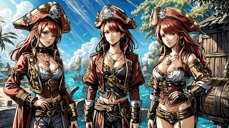 (young redhead pirate woman), (portrait), (parrot:1.2), sharp focus, (ultradetailed), (standing), (happy) smile, pirate (ship galleon:1.2,  hoop earrings, gold medallion, Earthy Red pirate clothes, pirate hat, hips,  pirate (village), leafy beach coast, (treasure chest with coins, gems and jewels:1.2), (rum barrel), best quality masterpiece,  bright sunny sky, backlight, natural lights, high contrast, hdr, shadows, pretty, beautiful, feminine, sexy, adorable, lovely, in love, (PirateDiffusionprt:0.5),  <lora:Pirate:0.3>  PrateT  <lora:PirateRealms:0.3> <lora:Detail Tweaker LoRA add_detail:0.8> <lora:depth_of_field_slider_v1:5> <lora:SDXLrender_v2.0:0.9>