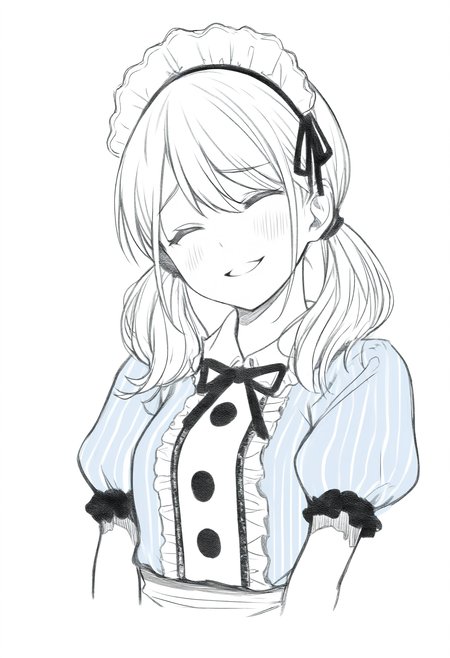 masterpiece, best quality, 1girl, solo, Tsuk1sh1maRiho, long hair, twintails, maid headdress, black ribbon, striped dress, blue dress, center frills, puffy short sleeves, white apron, simple background, cropped torso, parted lips, averting eyes, greyscale, monochrome, lineart, sketch, graphite \(medium\), traditional media, head tilt, closed eyes, smile, :d, blush, three quarter view, portrait, <lora:ChamTsukishimaRihoNoob:1>