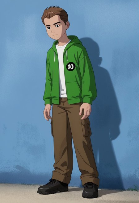 JimmyJonesUA, 1boy, solo, brown hair, black eyes, green hoodie, white shirt, cargo pants, black shoes