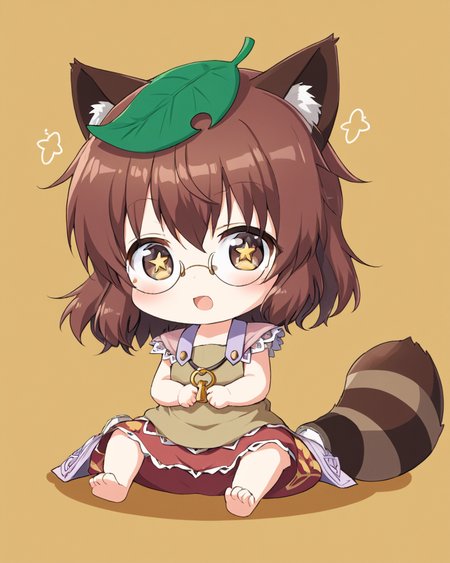 futatsuiwa mamizou,glasses, leaf_on_head, raccoon_tail, chibi, open_mouth, 1girl, sitting, pince-nez, :d, solo
<lora:futatsuiwa_mamizou_image2346_2023-12-20-000010:1>,star-shaped_pupils,symbol-shaped_pupils,. gorgeous,key visual, vibrant, studio anime,award-winning, professional, highly detailed,high budget, cinemascope