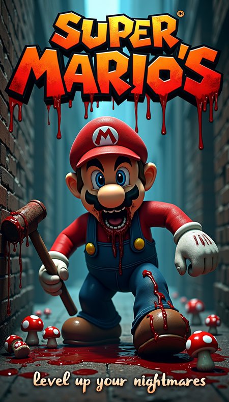 A horror movie poster with the printed title: A dimly lit alleyway sets the stage for this horror movie poster. The once bright and cheerful "Super Mario" logo has been transformed into a disturbing and twisted "Super MARIO'S" title. The once red cap of our beloved plumber is now soaked in blood and dripping down the poster. A grotesque and mutated Mario, mouth agape and eyes filled with terror, emerges from the darkness, gripping a rusty, bloodied hammer. Veins and muscle tissue can be seen popping from his body, making it clear that this is no ordinary Mario.
The tagline "level up your nightmares" is scrawled at the bottom of the poster in gruesome font, just below the image of a few frightened mushrooms scattering in fear. The backdrop, featuring ominous towering brick blocks, gives an eerie feeling of claustrophobia as Mario desperately attempts to escape from this gory, terrifying dimension.
As if things couldn't get worse, chilling chainsaw sound effects pierce through the unnerving silence. What secrets hide in these secluded alleys?
ENTER at your own risk... if you think you can handle this frightful adaptation!