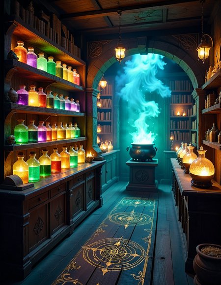 A dimly lit, mysterious alchemy shop filled with ancient books, glowing potions, and strange magical artifacts. Wooden shelves, covered in dust and cobwebs, are packed with glass bottles containing bubbling liquids in deep purples, shimmering golds, and eerie greens. The air is thick with swirling mist, and candlelight flickers, casting long shadows across the stone walls. In the foreground, an old wooden counter holds an open grimoire, alongside mortar and pestles, dried herbs, and mysterious symbols carved into the surface. Strange objects like a levitating crystal orb, a preserved dragonâs eye in a jar, and an enchanted dagger with glowing runes are displayed throughout the space. A bubbling cauldron in the corner emits a soft, eerie glow, illuminating the intricate arcane symbols on the floor. The atmosphere is dark, mystical, and full of ancient secrets, evoking a sense of forgotten magic and hidden knowledge.
<lora:SDXLFaeTastic2400:0.4> <lora:extremely_detailed:0.4> extremely detailed,<lora:mysterious_4lch3my_sh0p:1>,mysterious 4lch3my sh0p, Masterpiece,best quality,hi res,8k,hi res,8k,award winning,(sharp focus, intricate, highly detailed),