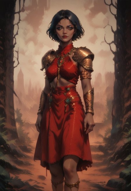 female focus, score_9, score_8_up, score_7_up, 
portrait, 1girl, PoE2Sorcceres, PoE2Sorcceresbaseoutfit, 1girl, jewelry, shoulder armor, female focus, dark-skinned female, short hair, black hair, anklet, red skirt, skirt, armor, 