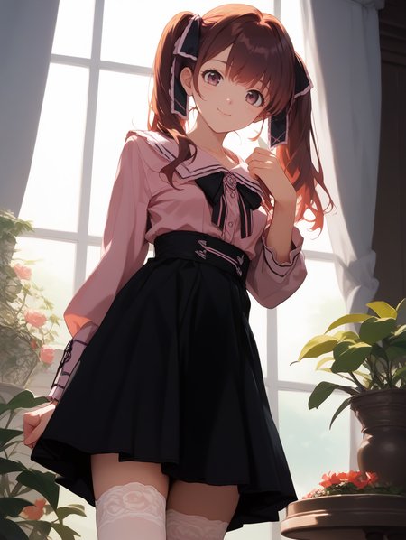 score_9, score_8_up, score_7_upscore_9, score_8_up, score_7_up, rating_family, source_anime, quality_masterpiece, quality_best, time_evening, high res image, detailed eyes, indoor, table,  lace curtains, houseplant, window, maple tree,, 1girl, standing, <lora:jirai kei_pony_V1.0:1>, jirai kei, twintail, pink shirt, black skirt, (thighhighs:1.1), thighhighs, light smile, looking at viewer, from below, <lora:tanakaryou.pony:1>, tanakaryou, yurina, medium breasts,
