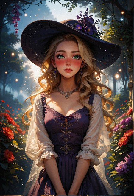 score_9, score_8_up, score_7_up, score_6_up, score_5_up, score_4_up,   1woman, (beautiful face, cute face, 18 years old), blonde, long straight hair, outdoors, plants, flowers, soft lighting, smiling, blush, looking at viewer, nose blush, green eyes, hands between knees, leaning forwards, night, bokeh, moonlight, tan skin, standing  <lora:sdxl\Expressive_H-000001:0.6>, expressiveH <lora:sdxl\vixon_pony_gothic_neon:0.4> <lora:sdxl\incase_style_v3_ponyxl_ilff:0.3> <lora:sdxl\sinfully_stylish_SDXL:0.4> <lora:sdxl\wrenchrococodomepdxl-000007:0.8>, purple wrenchrococodome, purple gown, hat