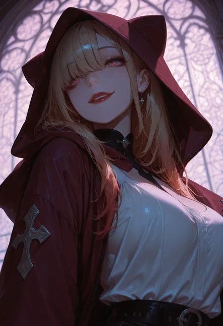 Kitagawa Marin, 1girl, hair over eyes, bangs, white tank top, designer torns on tank top, burgundy lips, skinny, big breasts, mystery smile, dark red coat, hood on the head, mystic background, soft yellow glow, merge modern realm in urban style with magic fantasy, dutch angle, close up, epic character portrait, dark palette, high contrast, high contrast, mystic lighting, 
(Smooth Quality - Illustrious:0.8), masterpiece,best quality,amazing quality, absurdres, ultra-HD, 8k, fit body, raytracing, blum effect,soft lighting, volumetric lighting, ambient occlusion,absolutely eye-catching, highest quality, (dramatic lighting), usnr, (cinematic composition:1.3), depth of field, (adult), wide eyes, (mature female), very aesthetic, smooth image, mesmerizing gaze, 7481llu, 
<lora:illustrious_quality_modifiers_masterpieces_v1:1>  <lora:USNR_STYLE_ILL_V1_lokr3:0.5> <lora:ponyv4_noob1_2_adamW:0.3> <lora:FINALE:0.2> <lora:MoriiMee_Gothic_Niji_Style_Illustrious_r1:0.6>  <lora:MGE_V5.2_IL:0.5>