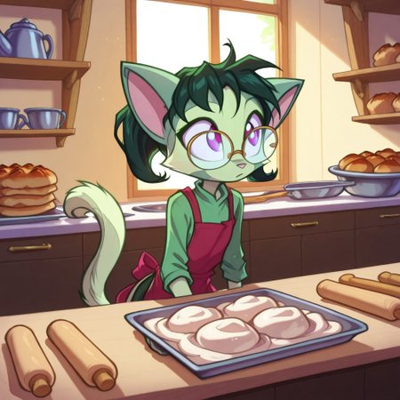 Dreamkeepers,1girl,prelude_lilith,solo,furry,tail,green hair, source_furry,glasses,magenta eyes,
child, kid, 
covered in dough, covered in flour, kneads dough on a flour-dusted counter, sunlight streaming through café windows. A kitten bats at a rolling pin, and trays of pastries line the shelves, baking, dough, flour, kitten, rolling_pin, countertop, pastry, sunlight, apron, messy_hair, bow, indoors, warm_lighting, cozy_atmosphere