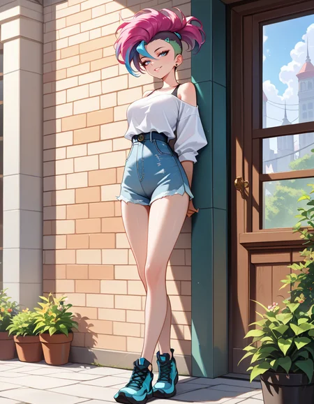 masterpiece, best quality, very aesthetic, absurdres,
outdoors, casual, 
full body, standing, posing,
seductive smile, parted lips, long eyelashes,
 <lora:Moika_v01_NAIXL:1>
M01ka,1girl,solo,multicolored hair,ponytail,mohawk,undercut,hair ornament,earrings,blue eyes,chocker,