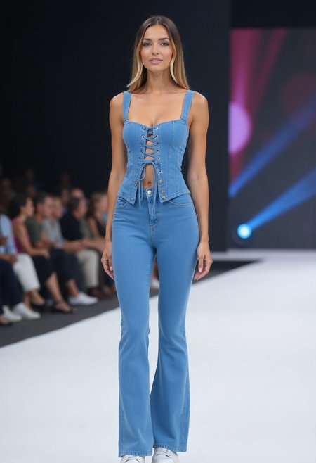 beautiful young woman, small round breasts, seductive smile, perfect makup, clo020, Full-body shot of a woman wearing a mid-blue wash corset-style denim top with lace-up front, high-waisted flared jeans, modern styled white sneakers, posing on a catwalk