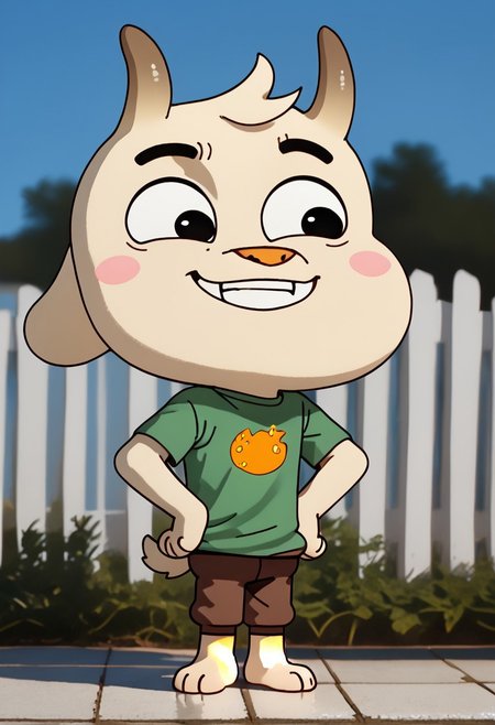 score_9, score_8_up, score_7_up,1boy, solo, cute boy,  1boy, solo, Chichi, goat, pale cream-colored goat, two horns, dark brown horns, fluffy tail, tuft of hair , pink cheeks, orange nose, Barefoot, hands on hips, smug smile, PONYXL_AlexRoss_ComicArt_ownwaifu