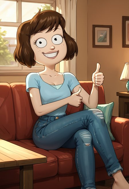 score_9, score_8_up, score_8,    <lora:Tamantha_Guterman_aka._Tammy_Rick_and_Morty_for_PonyXL:0.8> 1girl, t4mmy, brown hair, short hair, sitting on couch, living room, window, smile, blouse, jeans, thumbs up,