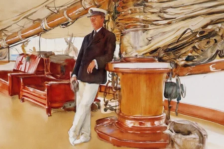 johnsingersargent3 painting. 
A man in a captain's uniform and white trousers stands on a ship deck, leaning against a wooden structure. The background shows the ship's interior with ropes, a red chair, and a small table. <lora:johnsingersargent3_cap_d8a4e12:1.0><lora:859963592722632650:0>