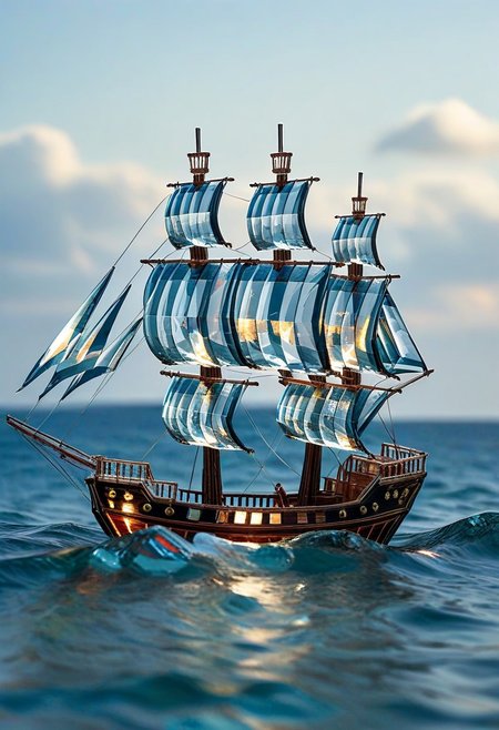 Pirate ship made of origame folded paper, swimming in a glass sea